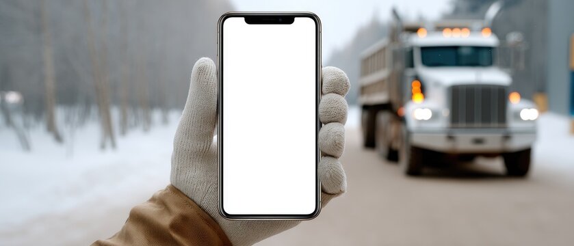 Close-up of hands holding smartphone in outdoor setting with military truck in background in context of army communication