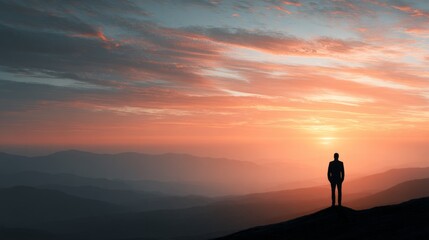 Obraz premium Silhouette of person watching sunset over mountain ranges