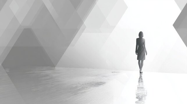 Silhouetted woman walking in geometric abstract space