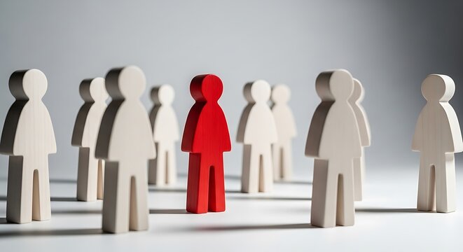 Wooden figures, one red, standing out amongst white.  Symbolizes individuality and leadership