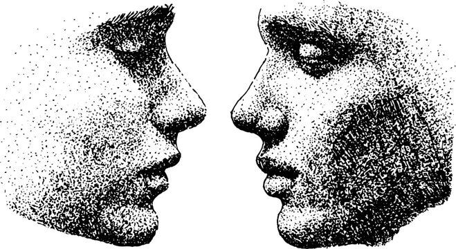 Side profile dual human android face split black and white stipple portrait for concept background and poster design