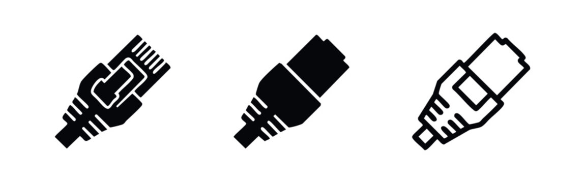 Ethernet Connector RJ45 Plug Icon Set. Network Cable Symbol for LAN Connectivity.