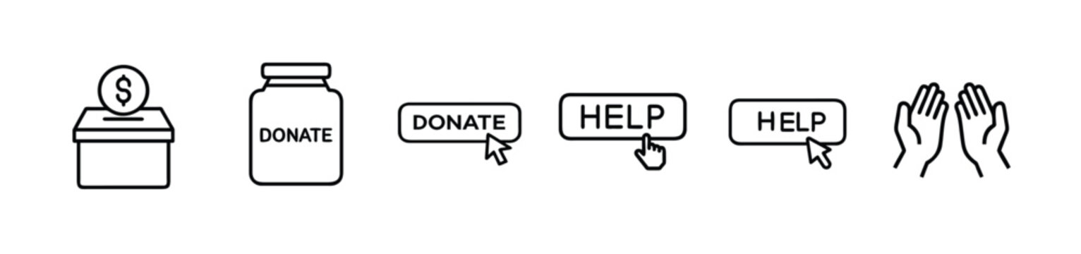 Donate and help button outline icon set featuring donation box, charity jar, clicking cursor, praying hands, and more vector illustration on editable stroke