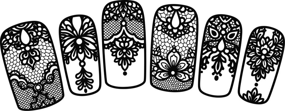 Intricate floral nails design with detailed patterns and shapes