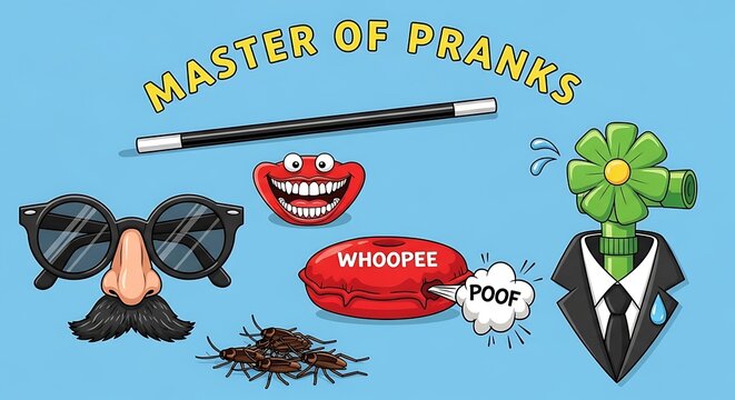 A vector drawing of a humorous disguise kit with the words "Master of Pranks"
