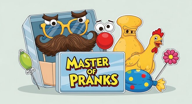 Vector illustration of funny disguise kit, text &ldquo;Master of Pranks&rdquo;