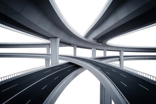 Complex multilevel highway interchange demonstrating intricate urban transportation infrastructure against a bright sky