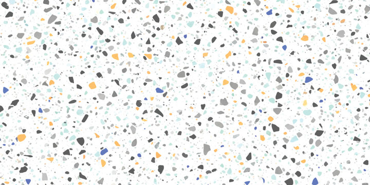 Seamless terrazzo pattern with colorful stone chips on a clean white background for interior design Vector, illustration