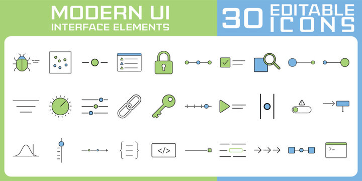 Modern UI icon set with 30 editable interface elements, minimal green and blue line icons collection for web, mobile apps, dashboard, security, settings, analytics and navigation design