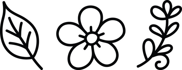 Fototapeta premium Simple line drawing of three types of botanical illustrations: leaf, flower, and plant stem
