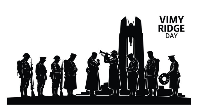 Silhouette of soldiers and a monument commemorating vimy ridge day in black and white