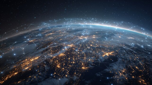 Networked earth at night with global connections and glowing cities
