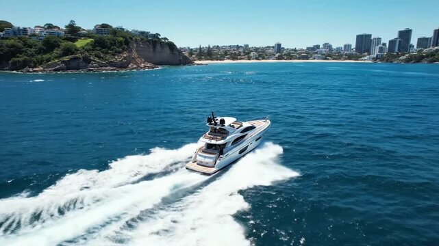 Enjoying a sunny day on the water with a yacht cruising along the coast near Sydney while drone captures stunning views