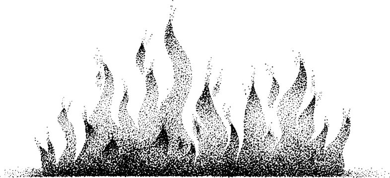 Row of stippled flames black and white stippling art for banner background and decorative design element
