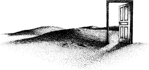 Fototapeta premium Solitary floating door among sand dunes with black and white stippled ink texture for background and poster artwork