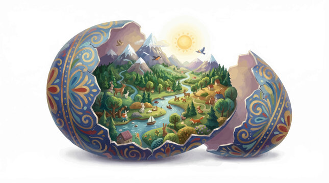 Ornate Easter egg shell revealing a miniature mountain landscape, surreal nature world inside a broken egg, fantasy spring scenery vector illustration
