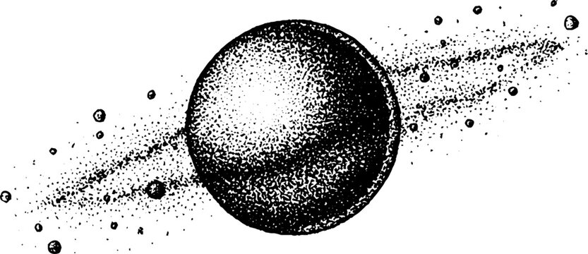 Stippling planet with orbiting geometric shapes black and white dotwork illustration for background and banner design