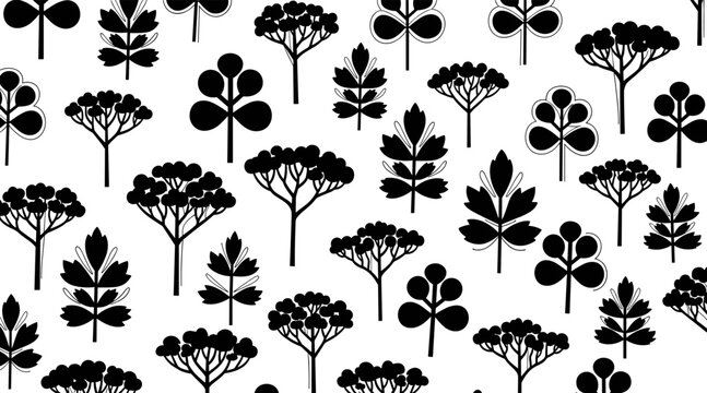 Plant and flower silhouettes scattered across white pattern, no seamless