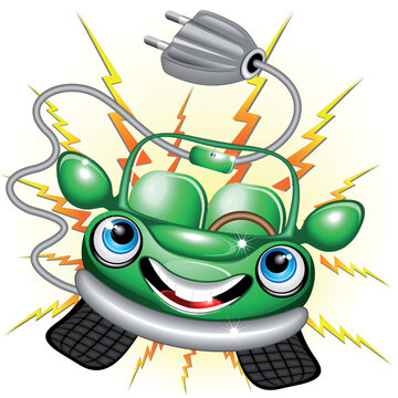 Cute and joyful eco-friendly ecological green car cartoon character looking very happy surrounded by electricity lightning. Original vector illustration