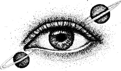 Stippled orbital eye with twin ringed planets and dotted texture in black and white for poster background and tattoo design