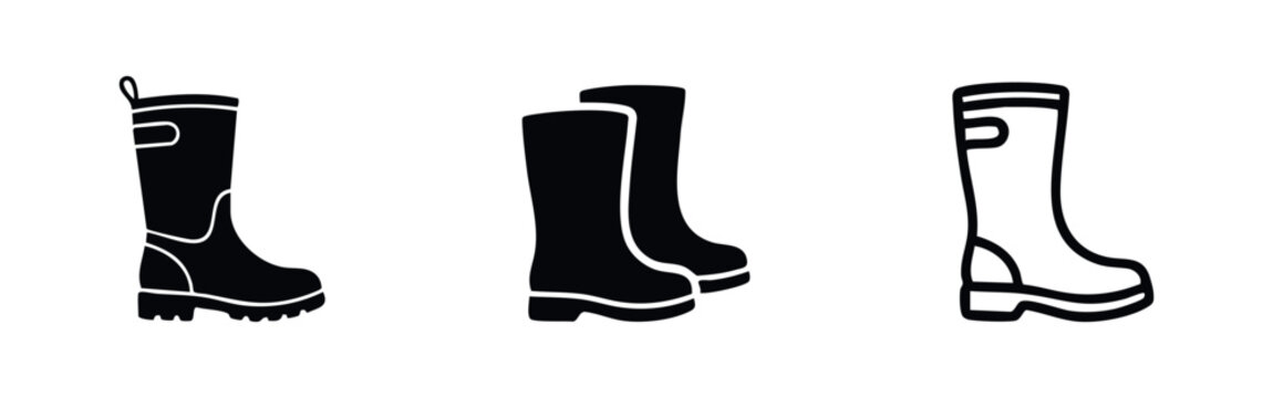 Set of rubber boots icons. Collection of various wellington boot symbols in black and white.