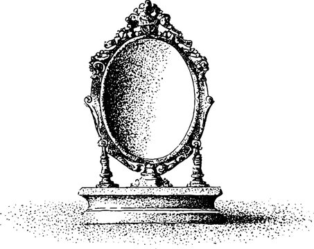 Ornate gothic oval mirror engraving with dark reflection in black and white stipple for vintage background and poster design