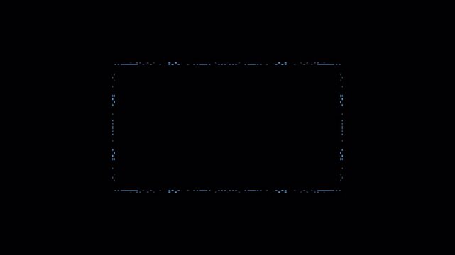 Futuristic glitch HUD frame with dotted digital border, glowing blue sci fi technology background, cyber interface overlay with noise effect and clean copy space center