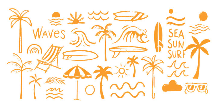 A collection of hand drawn summer beach icons and tropical elements in a vibrant orange color Vector, illustration