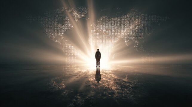 Silhouette of person against glowing world map background