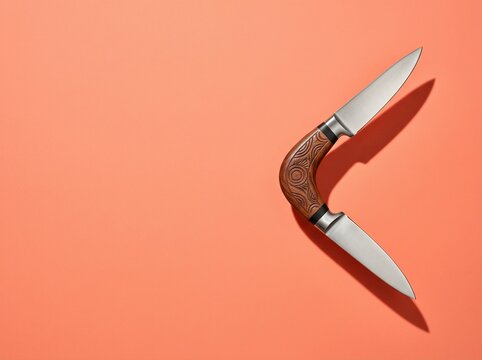 Double bladed boomerang knife with wooden handle on orange background