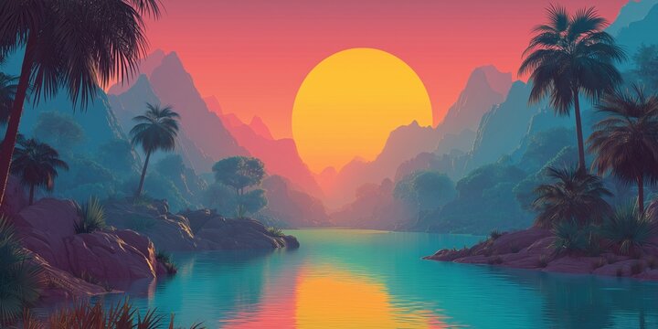 Warm sunset over tranquil tropical beach lagoon with mountains and palms inspired by kariva beach in philippines concept of relaxation