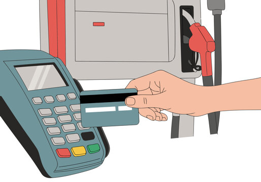 A hand pays for fuel at a gas station using a credit card. Clear, modern illustration. Focus on payment process. Bright colors, clean design.