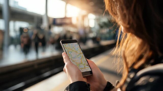 Focused traveler holds a mobile phone with a map app open, preparing for her next destination at a busy railway station. Modern technology enhances her travel experience and city exploration