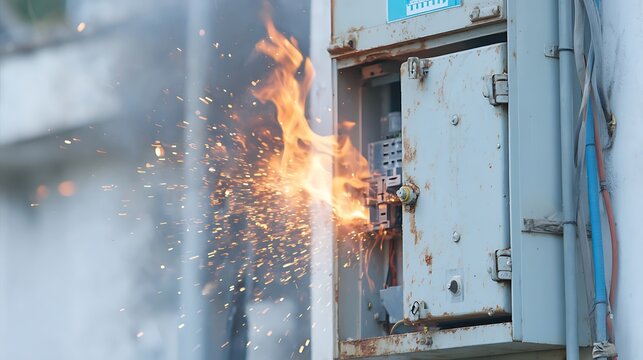 Industrial background of an outdoor electrical panel on fire with sparks and flames. Symbolizes system failure, short circuit danger, and critical infrastructure risk.