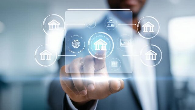 A professional man touches a virtual screen with a glowing bank symbol, representing digital finance. The image emphasizes fintech, online banking, and the future of financial technology solutions
