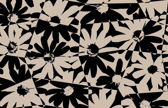 Seamless black and grey floral background with flowers. Minimal abstract organic shapes pattern.