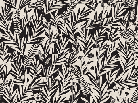 Seamless floral background with leaves. Hand drawn minimal abstract organic shapes pattern. Vector black abstact pattern with grey leaves and flowers.