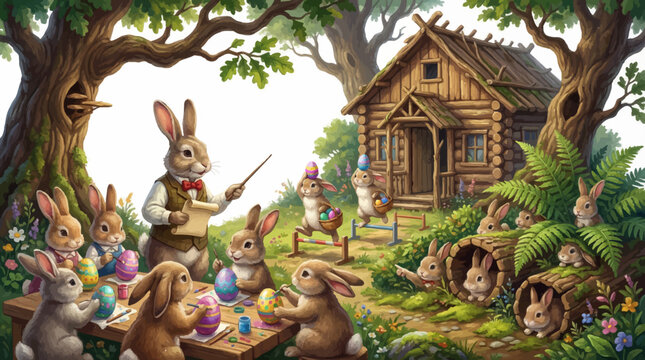Whimsical Easter bunny school in forest, cute rabbits painting colorful eggs near log cabin, storybook illustration of bunny village
