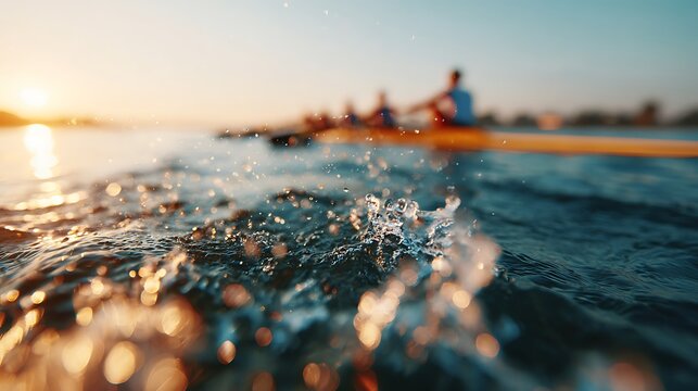 Cinematic background of a rowing team on a river at sunset. Golden water splashes symbolize synchronized effort, collective momentum, and peak performance in nature.