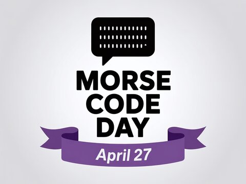 Morse Code Day April 27 Celebration Poster Graphic with Communication Speech Bubble Icon and Purple Ribbon Banner Illustration