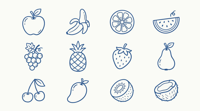 A collection of 12 hand-drawn, blue-outlined fruit icons arranged in a 3x4 grid on a light background.