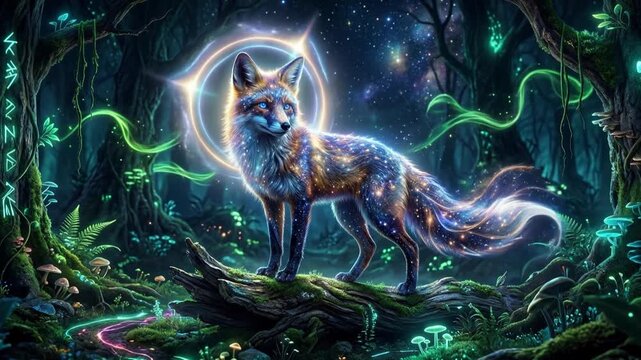 Mystical Neon Wolf in Enchanted Forest with Glowing Lights.