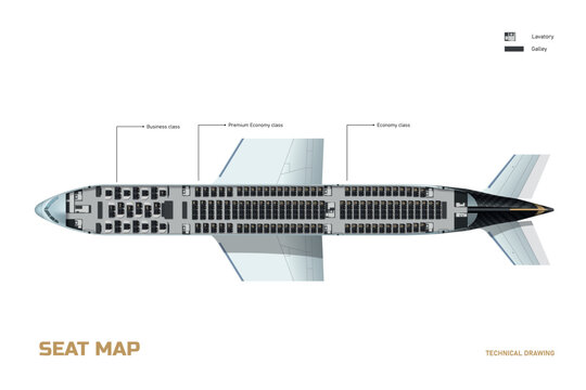 Passenger aircraft lopa diagram. Civil commercial aircraft seat map. Interior of a modern turbojet aircraft. Top view.