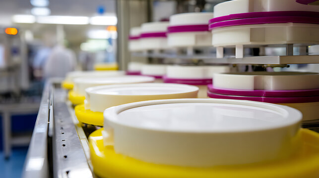 Industrial production line with many containers packaging process for consumer goods in a modern manufacturing facility, close up view