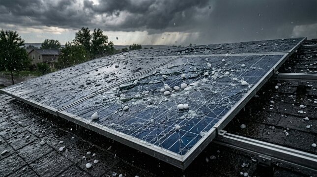 Heavy hail stones pummeling rooftop solar panels during a fierce thunderstorm, illustrating the durability challenges and environmental impacts on sustainable energy infrastructure