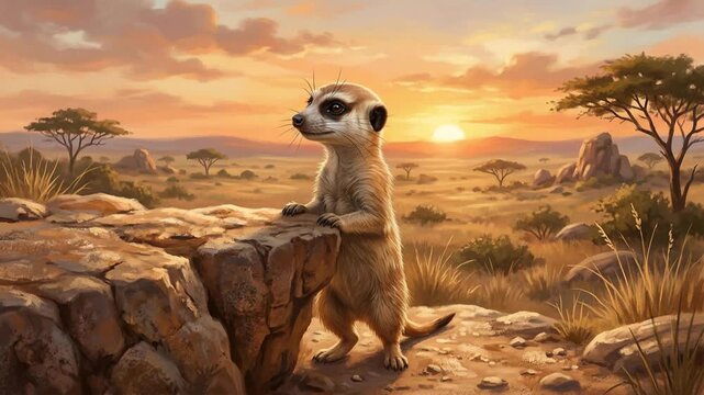 Cute Meerkat Standing on Rock in African Sunset Landscape.