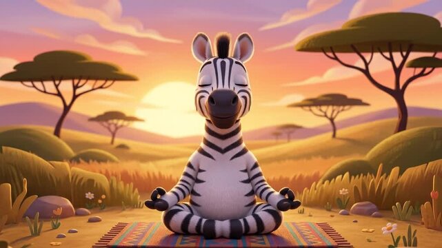 Cartoon Zebra Sitting Cross-Legged in African Sunset Landscape.