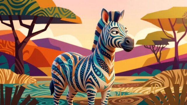 Colorful Artistic Zebra Illustration in Vibrant Landscape Scene.