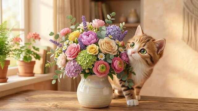 Adorable Kitten Peeking from Behind a Vibrant Flower Arrangement Indoors.
