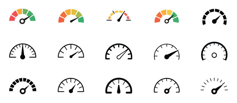 Speedometer icon set, speed indicator, gauge, dashboard, tachometer, scale, speedometer icon with arrow
